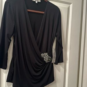 NWT Beautiful Kasper faux wrap top with rhinestone embellishments